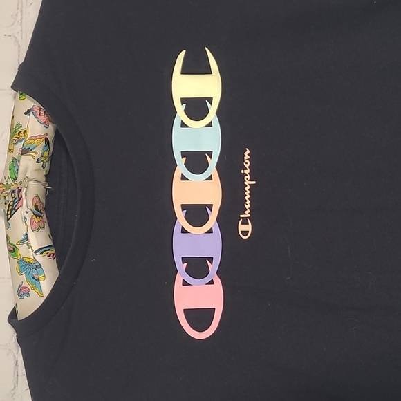 NWOT Champion Authentic Athleticwear Logo Multicolor Print Crop Tee Tshirt Sz M - Picture 4 of 10